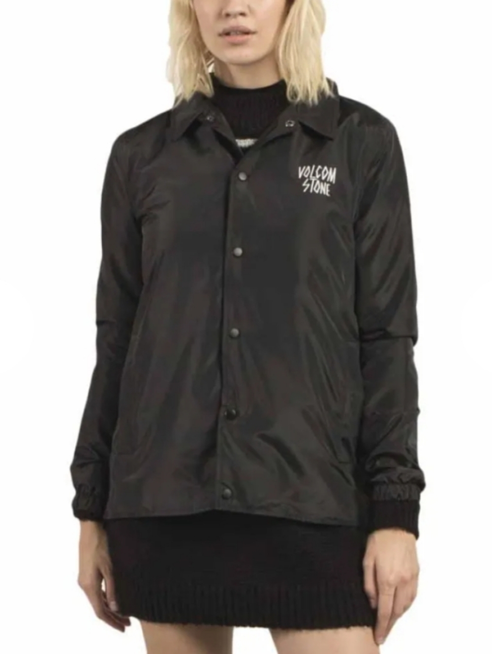Volcom Stone Brewster Coach Jacket Black Snap Front Windbreaker Women’s M 12